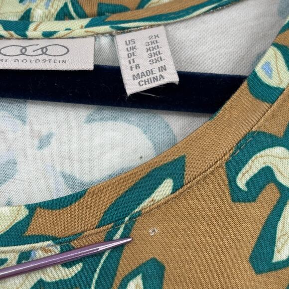 LOGO Lori Goldstein Tunic Blouse Top Size 2X Brown Green Floral Ruffle FLAW - Picture 2 of 13